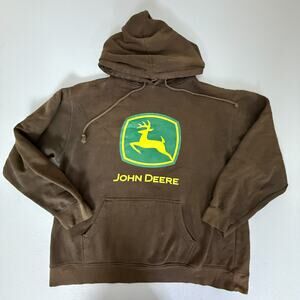 John Deere Brown Pullover Hoodie Sweatshirt Logo Kangaroo Pocket Men’s Size L